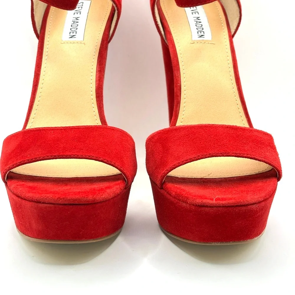 Steve Madden‎ Red Suede Platform Ankle Strap Block Heels Women's Size 10